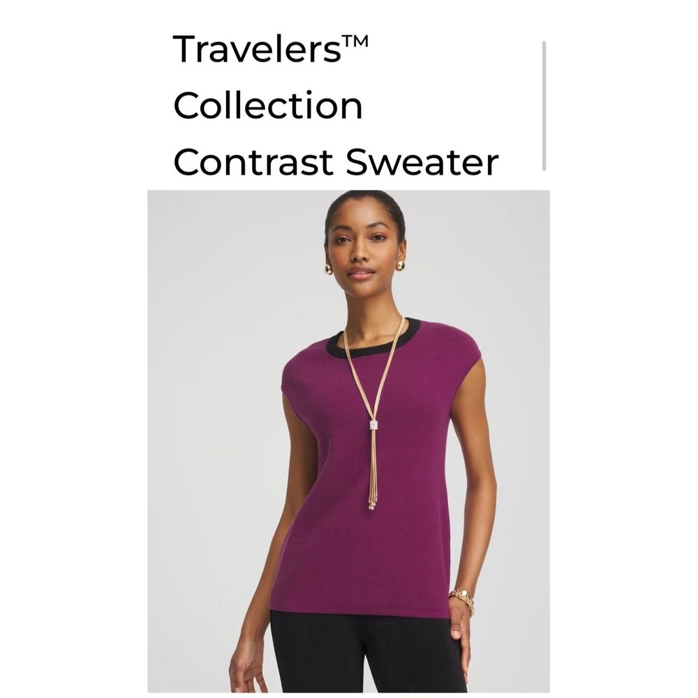Chicos Travelers Collection Contrast  Sleeveless Sweater XL Career Preppy Purple